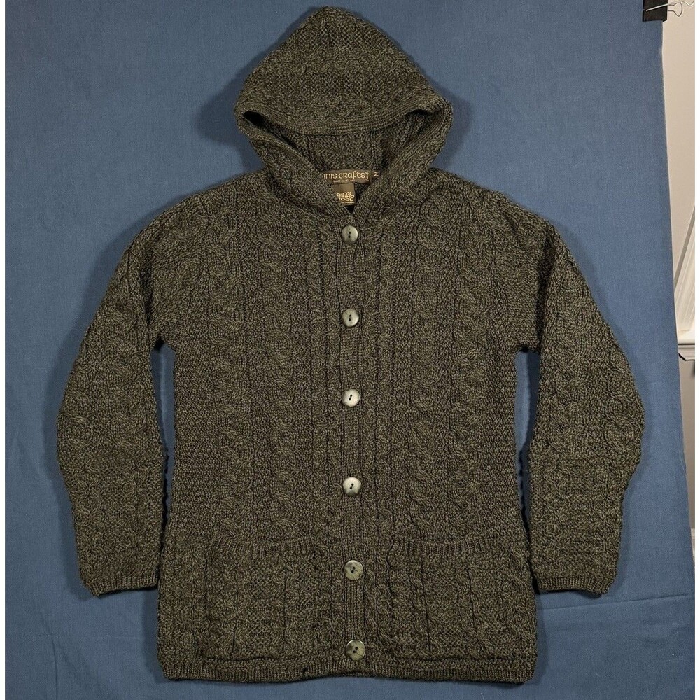 Inis Crafts Cardigan Womens Medium Merino Wool Cable Knit Zip Hooded Sweater